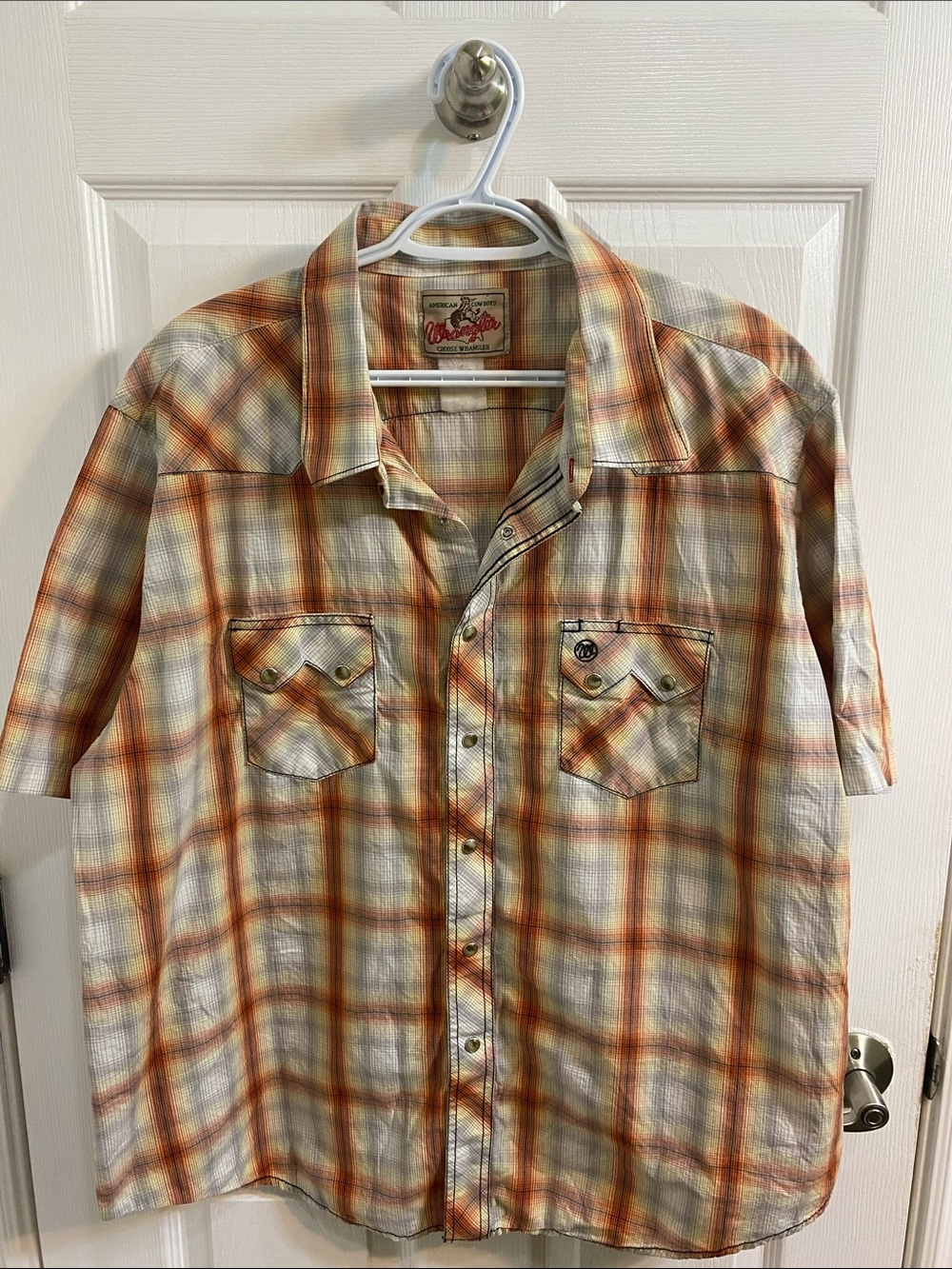 Vintage Wrangler Western Shirt Orange Brown Plaid Pearl Snap Cowboy Mens XXL